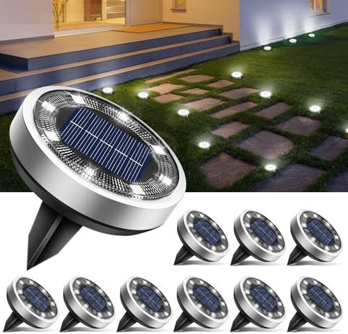 btfarm Solar Lights Outdoor Garden, 10 Pack Solar Ground Lights, 8 LED Solar Disk Lights Outdoor IP65 Waterproof for Garden Pathway Lawn Patio Yard Landscape (Cool White)