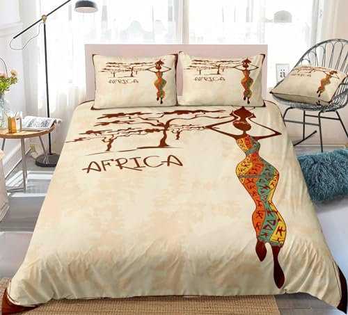 Tizhweqo Afrika Bettwäsche 135x200 Afrikanische Frau Bettwäsche Set Weiche Mikrofaser 3D Druck Afrika Bettbezug Set mit Reißverschluss Bettbezüge und 2 Kissenbezug 80x80 cm A7105