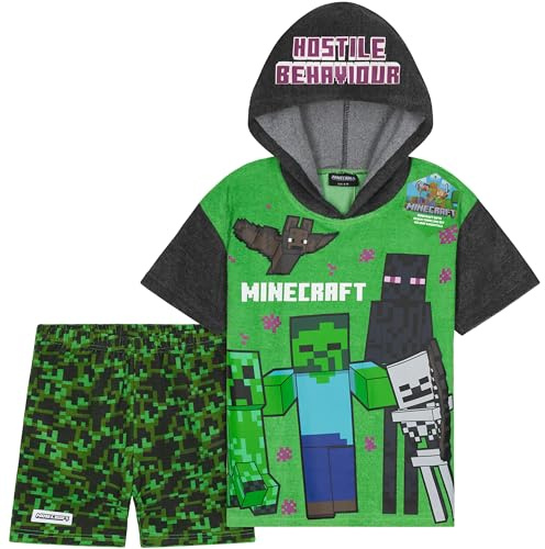 Minecraft Oberteil und Shorts für Jungen, Frottee, 2-teiliges Set, Teenager, Creeper, saugfähig, Frottee, Gamer, Sommer-Outfit, Strand, Pool, Urlaub (Schwarz/Grün, 11–12 Jahre)