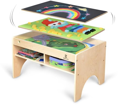 Bolocon Kinder 3-in-1 Holz Kunst & Aktivitätstisch Spielset Möbel mit 4 Fächern zur Aufbewahrung, Spieltisch kompatibel mit Blöcken & Ziegeln und Zug-Set für Vorschule Kleinkind Junge & Mädchen (STD)