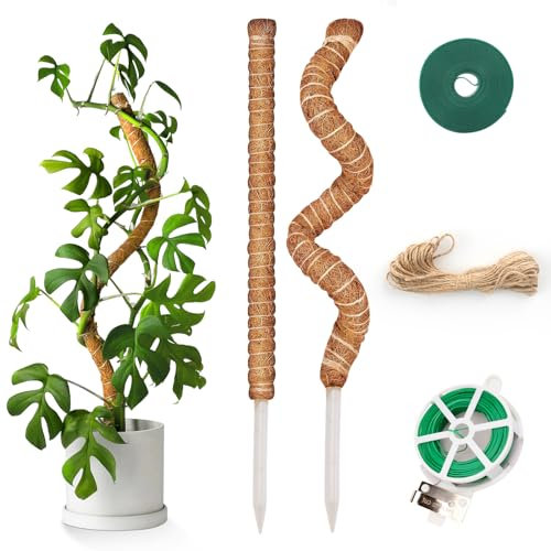 KINGLAKE 120CM Rankhilfe Monstera Biegbar,2 Stück Kokosstab Monstera, Stab für Monstera mit Zubehör, Moosstab Kletterpflanzen-Mit 2m Pflanzenbinder Klett, 30m pflanzendraht und 10m Juteschnur