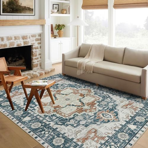Famibay Waschbarer Teppich für Wohnzimmer und Schlafzimmer - Groß, 160 x 230 cm, Vintage-Design, Weicher Kurzflor, Rutschfest - Geeignet für Esszimmer und Büro