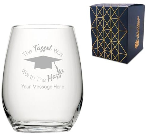 Personalised Engraved Graduation Stemless Wine Glass with 'The Tassel was worth the Hassle' Design, Personalise with Any Name or Message, Gift Box Included, Laser Engraved, Uni College Graduation Gift