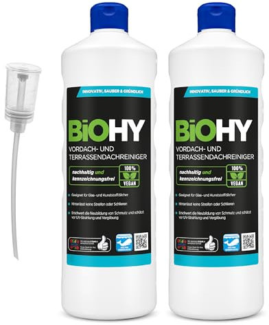 BiOHY Vordach- und Terrassenreiniger (2 x 1 liter) + Dosierer | Bio Konzentrat für Glasdächer, Kunststoffdächer, Wintergärten | Nachhaltige Reinigung & Pflege | Hohe Wirksamkeit und strahlender Glanz