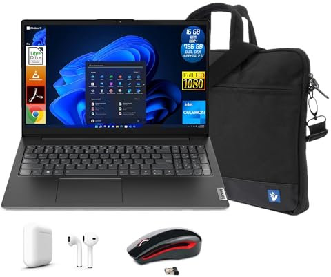 Lenovo Notebook V15, Display Pc 15.6 FHD, CPU Intel Celeron N4500, 16GB Ram, 756GB Dual Disk NVMe/SSD 2.5, Windows 11 Pro | Mouse Wireless | Auricolari Bluetooth | Borsa | Portatile Pronto all'Uso