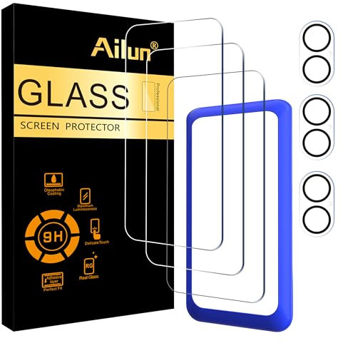 Ailun 3 Pack Screen Protector for iPhone 16 Plus [6.7 inch] + 3 Pack Camera Lens Protector with Installation Frame,Case Friendly Tempered Glass Film,[9H Hardness] - HD