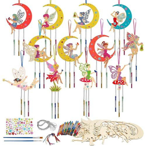 12 Stil Fee Windspiel Bastelset Kindergeburtstag Holz Klangspiel Basteln DIY Bastelhandwerk zum Bemalen Feen Kreativsets für Geburtstag Deko