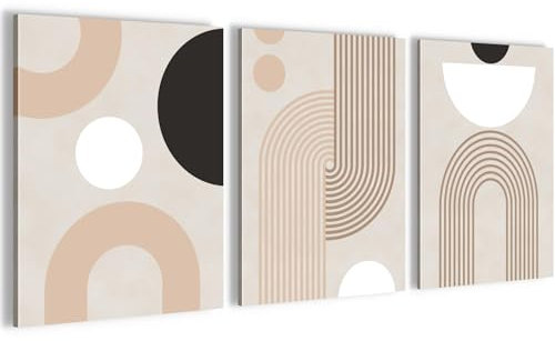 Novart Wandbilder Set Abstrakt geometrische Figuren - KOMPLETT AUFHÄNGFERTIG - Wohnzimmer Schlafzimmer Flur Deko - 3 Moderne Bilder Beige Schwarz - N035135a