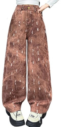 Rolanko Mädchen Jean Hosen Loch Denim Blau Jeans, Vintage Hose mit weitem Bein für Kinder Fit, Braun, Größe: 8-9 Jahre/140