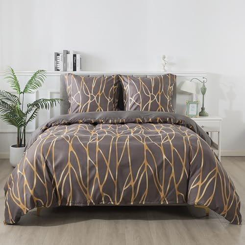RongRongIN Bettwäsche Set 240 x 220 cm Geometirsch Muster Golden Strich, Bettbezug 240x220cm und 2 Kissenbezüge 80x80cm, Weich Bequem Wendebettwäsche Bettwaren