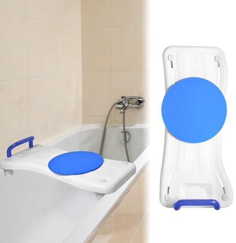 YARDIN Badewannenbrett Badewannensitz Senioren mit 360º Drehscheibe und Blau Griff, Einstellbar Wannensitz PP-Material Sitzbrett für Badewanne mit Seifenablage für Erwachsene bis 150kg
