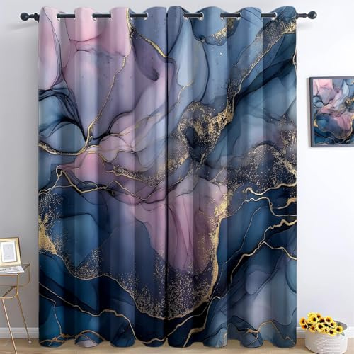 Vorhäng Blickdicht 2er Set, Abstrakte Textur Marmor Weicher Thermogardinen Kälteschutz Winter Verdunklungsvorhänge H 245 x B 300 cm Ösenvorhang für Schlafzimmer Wohnzimmer, Blau Rosa