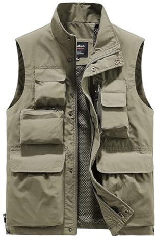 LBL Men's Utility Fishing Vest Outdoor Work Safari Outwear Gilet Cargo Vest Jacket Photo Mesh Waistcoat with Multi Pockets APH092 Khaki L