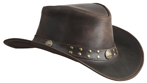 Shapeable Outback hat Style Leather Cowboy Old Style hat for Men and Women Western Wide Brim Vintage (UK, Alpha, XL, Dark Brown)