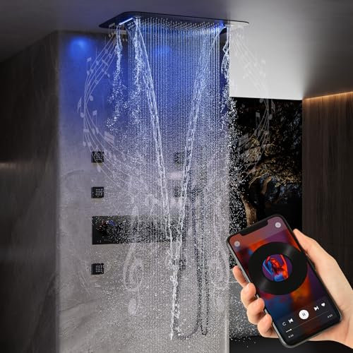 Colonne De Douche,Multifonctionnel Colonne De Douche Thermostatique Noir,Colonne Douche Encastrable,pomme De Douche Avec Musique Et Lumières LED,Avec pomme douche portative,6 jets latéraux massage