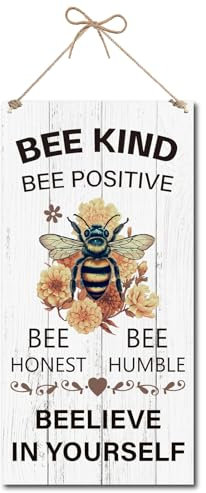 CREATCABIN Bee Kind Schilder Holz Tier Wanddekoration Rechteckig Holz Inspirierende Bienen Positive Ehrliche Bescheidene Hängeschilder Mit Juteschnur Für Zuhause Wohnzimmer Klassenzimmer 15x30cm