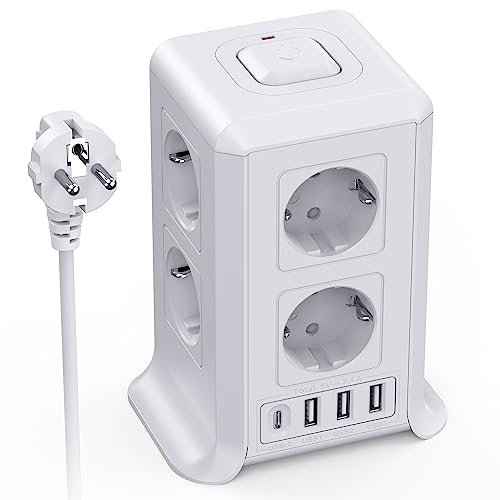 Torre Regletas Enchufes, Regleta Enchufes Proteccion Sobretension con Interruptor, con 8 Tomas de AC y 4 USB Regleta Vertical, 2M Enchufe Multiple es Adecuado para Escritorios, Salones y Dormitorios