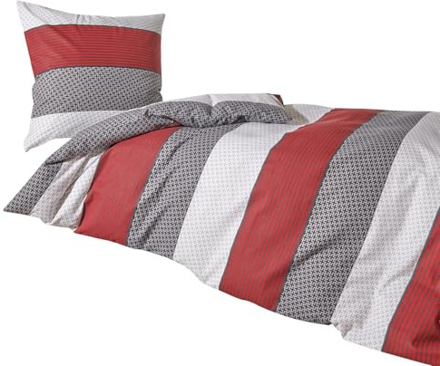 Traumschlaf Feinflanell Bettwäsche Nordic Stripe Red – Kuschelige, weiche Winterbettwäsche aus 100% Baumwolle – im modernen Streifendesign – Warm & pflegeleicht – 155x220 cm + 80x80 cm