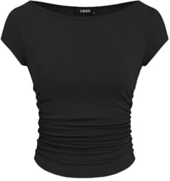 CIDER Women's Tops Boat Neck Ruched Tee High Stretch Short Sleeve Blouse Black