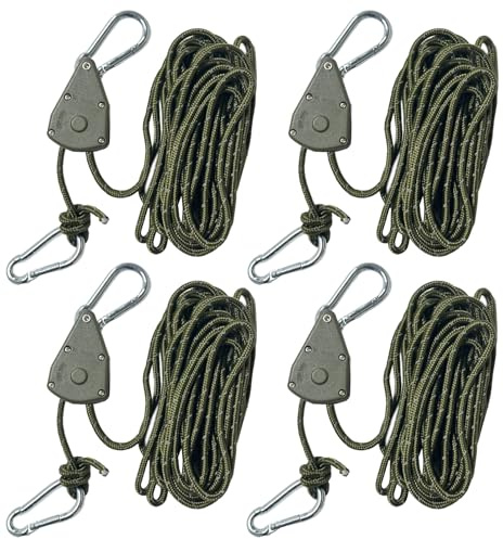 4-Pack Heavy Duty Tarp Guy Ropes Kit - 5m Reflective Wind Ropes with Pulley Hooks (34kg) & Snap Hooks (60kg) 4mm Camping Cord for Tents, Awnings & Tarps (Green)