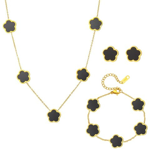 AOWVUTS Vierblättriges Kleeblatt Schmuckset für Damen und Mädchen 18K Vergoldet Edelstahl Blumen Anhänger Halskette Ohrringe Armband Glücksklee Schmuck Set für Geschenke Geburtstags