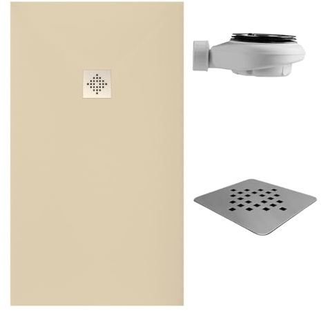 SoulHome Duschwanne Kunstharz 100x80 Intensive Creme Standard-Abdeckung | Rutschfest C3, extraflach, Mineralguss, Schieferstruktur, antibakteriell, Gel-Coat-Beschichtung, inklusive Ablaufgarnitur