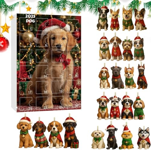 Adventskalender Weihnachtsanhänger – Souvenir Acryl flach wiederverwendbar Countdown 24 Tage | Dekoration Thema Hund für Weihnachtsbaum, lustiges Geschenk für Erwachsene, Jugendliche und Freunde