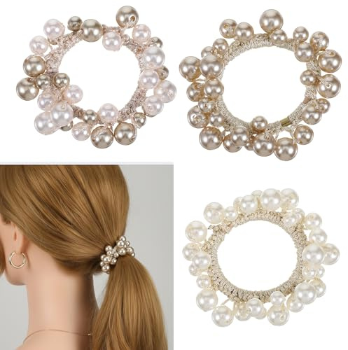 Guduling 3 Stück Haargummi Damen, Perlen Haargummis, Elastische Haargummi mit Perlen, Pferdeschwanz Stirnbänder für Frauen Mädchen Dame Kinder, Haarschmuck Damen