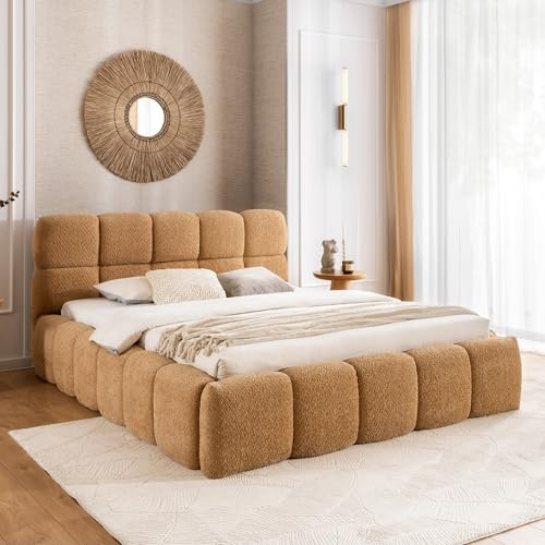Home Collective Polsterbett Doppelbett Bubble Bett mit Stauraum viele Größen und Farben | inkl. Metall-Lattenrost | bodennahes Design Schlafzimmer Jugendzimmer Möbel | Hellbraun 160x200 cm