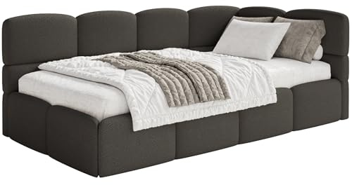 Selsey Jugendbett 120x200cm Braun Bouclé Stoff mit Matratze und Lattenrost, gepolstertes Polsterbett mit Stauraum und Bettkasten, Jugendbett rechtsseitig mit Eckkopfteil, Bett für Kinderzimmer