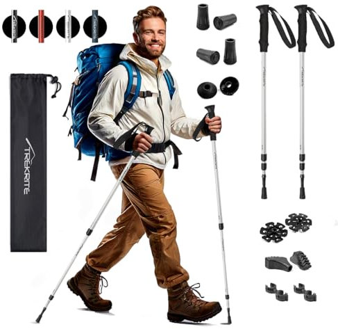 Trekrite Telescopic Walking Poles Set, Collapsible Hiking Poles, 3-Section Anti Shock Trekking Sticks for Men & Women - Adjustable Hiking Sticks with Accessories from a UK Based Company - Silver