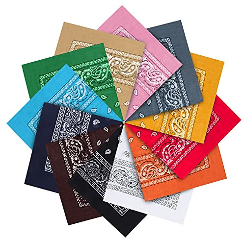 Kurtzy Bandana-Set aus Baumwolle (12-teilig) – Multifunktionstuch Paisley für Männer, Frauen und Kinder – Taschentücher/Schals, Haustiere und Haarbänder, Dunkelrot, Rot, Orange, Dunkelorange, Gelb, Grün, Pink, Weiß, Baby Blau, Dunkelblau, Grau und Schwarz, 12 pieces