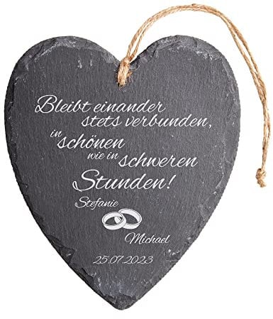 Casa Vivente Schieferherz mit Gravur zur Hochzeit, Motiv Eheringe, Personalisiert mit Namen und Datum, Hochzeitsgeschenke für Brautpaar