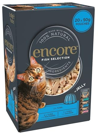 Encore natürliches Premium Nassfutter für Katzen, Fisch Auswahl Multipack in Gelee für erwachsene Katzen - Packung mit 20 x 50g Beuteln