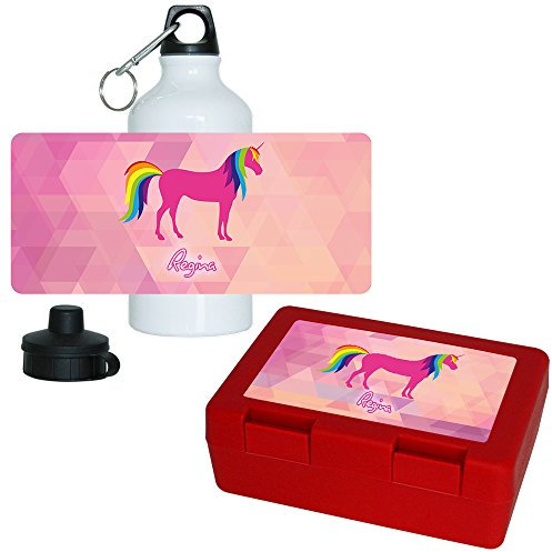 Brotdose + Trinkflasche Set mit Namen Regina und süßem Einhorn-Motiv mit Regenbogen-Schweif für Mädchen | Frühstücks-Set für Schule und Kindergarten | Aluminium-Trinkflasche | Lunchbox | Vesper-Box