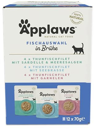 Applaws Premium Natural Katzenfutter Nass, Fischauswahl in Brühe 70g Portionsbeutel (12x70g )