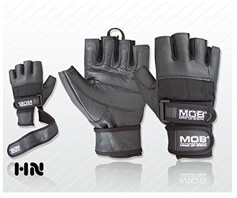 Make or Break Weight Lifting Gloves Long LEATHER Wrist Wrap PRO Body Building Power Lifting Lifter PADDED Palm DOUBLE STRAP Exercise Fitness Home Gym (Large)
