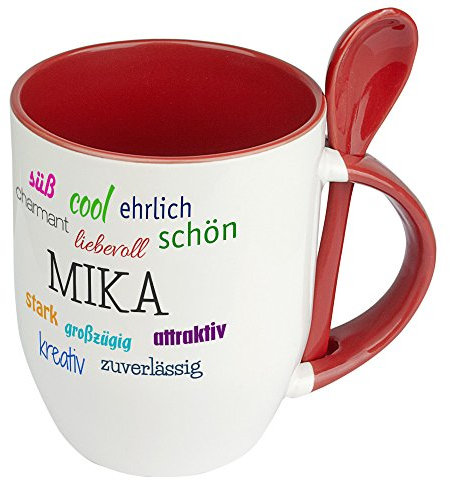 digital print Löffeltasse mit Namen Mika - Positive Eigenschaften von Mika - Namenstasse, Kaffeebecher, Mug, Becher, Kaffeetasse - Farbe Rot