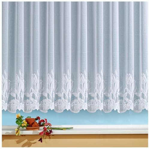 heimtexland ® Store Gardine Jacquard weiß transparent Kräuselband Vorhang mit Blumen Borte Gebogt Oekotex Typ69 Höhe 85cm x Breite 450cm