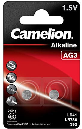 Camelion 12050203 - Pile a bottone alcaline, senza mercurio, AG3/LR41/LR736/392 (1,5 V, confezione da 2)