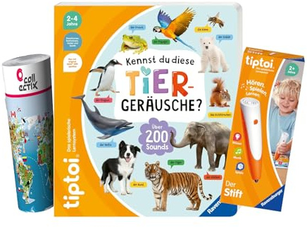 tiptoi Ravensburger Set: Kennst du Diese Tiergeräusche? + 00110 Stift mit Wimmelkarte, Lern-Buch ab 2-4 Jahren, Kinder-Geschenkidee