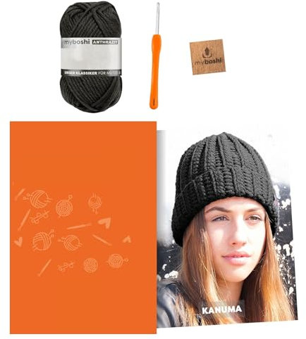 myboshi Häkelset Wintermütze Kanuma, inkl. No.1 Wolle, Nadel und Anleitung, Häkelpaket für Anfänger, 30% Merinowolle Anthrazit mit Häkelnadel