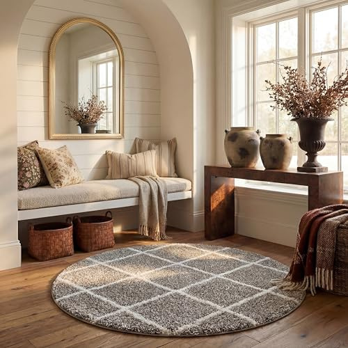SAFAVIEH Hudson Shag Round Rug 7', Plush Trellis Grey & Ivory SGH281B