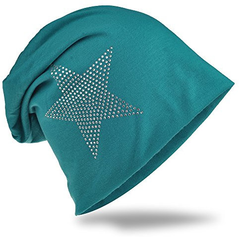 Miobo Jersey Slouch Beanie Long Mütze Stern mit Strass Stern Applikation,Petrol