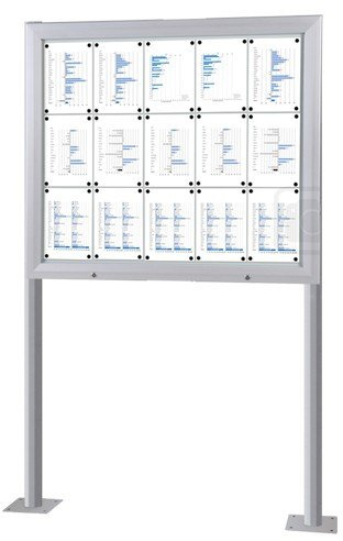 Schaukasten 15x DIN A4 | mit Ständer Pfosten zur Bodenmontage| wetterfest für außen outdoor IP56-zertifiziert | ESG-Sicherheitsglas, abschließbar | silber | für Firma, Behörde, Büro, Kirche