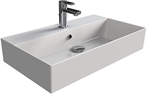 Aqua Bagno | Eckiges Design Waschbecken, hochwertige weiße Keramik, genormte Anschlüsse, Badezimmer | 70 x 42 cm