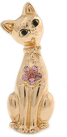 Broche en forme de chaton plaqué or avec fleur en cristal rose – 60 mm L, taille unique, Pas de type de métal, diamante