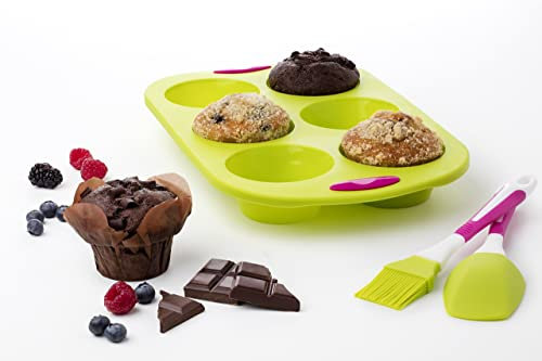 Maxi Nature 6-Cup Muffin Tray with Baking Brush & Spatula - Non Stick, Durable, Easy to Clean - Microwave, Dishwasher & Freezer Safe - Silicone Moulds for Mini Pies, Tarts, Cupcakes