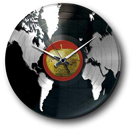 DISC'O'Clock Shallplattenuhr World Silber - Lautlos Wanduhr, einfach aufzuhängen. 100% Made in Italy Handwerkliches Produkt