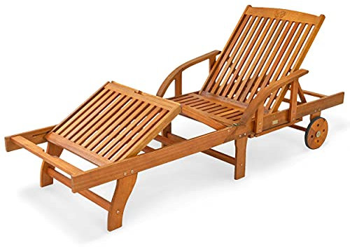 indoba IND-70305-SL Gartenliege Sun Shine, Sonnenliege Relaxliege Bäderliege aus Holz 199 x 73 x 82 cm klappbar mit Tablett und Rollen - Fair Product, Holz Natur